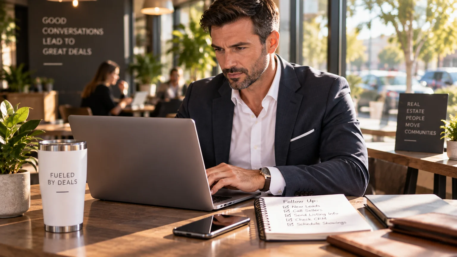Real estate agent working leads from a laptop in a cafe, a handwritten follow-up checklist beside him