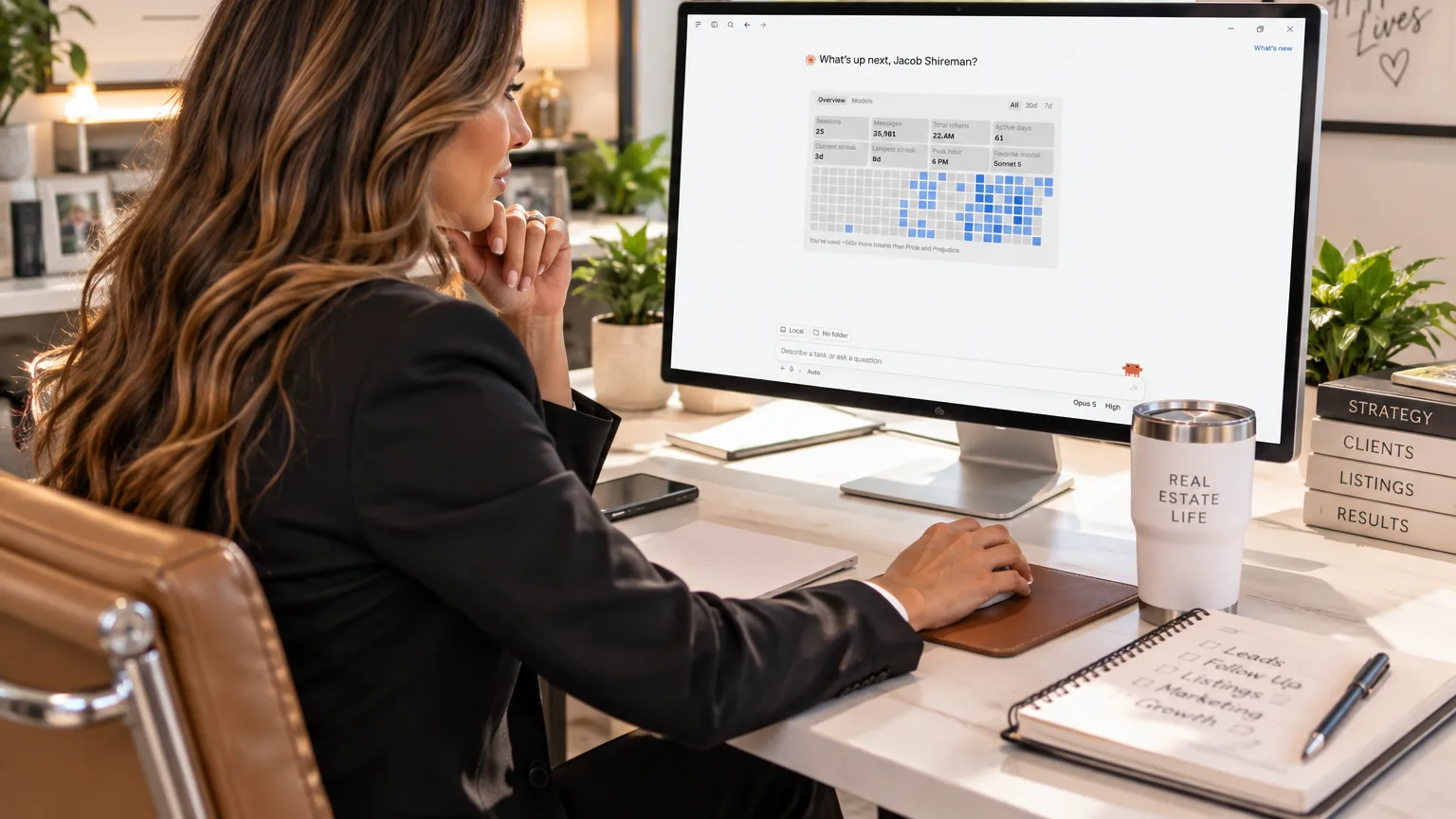 Real estate agent at her desk working in Claude Code on a desktop monitor, with listing notes and a planner beside her
