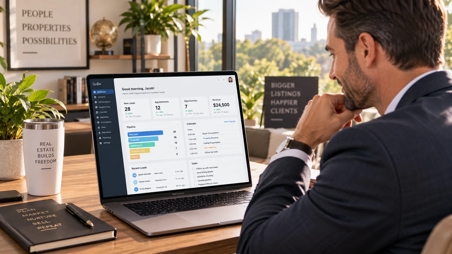 Real estate agent at a laptop reviewing a fully set-up CRM dashboard showing pipeline stages, new leads, calendar and tasks