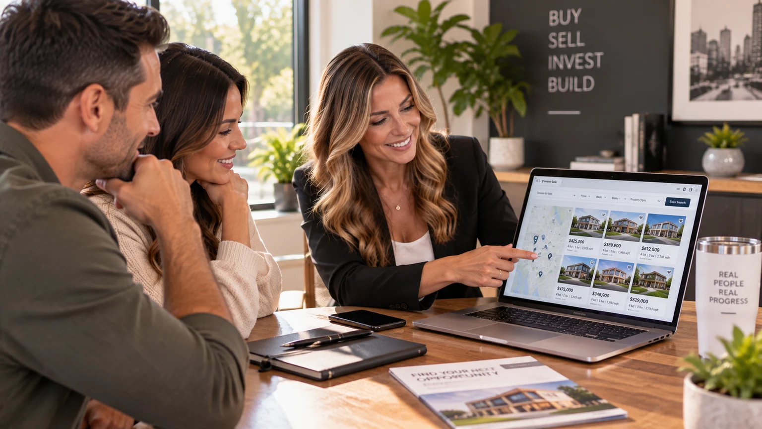Real estate agent showing IDX property search results on a laptop to a buyer couple, listings and a map on screen