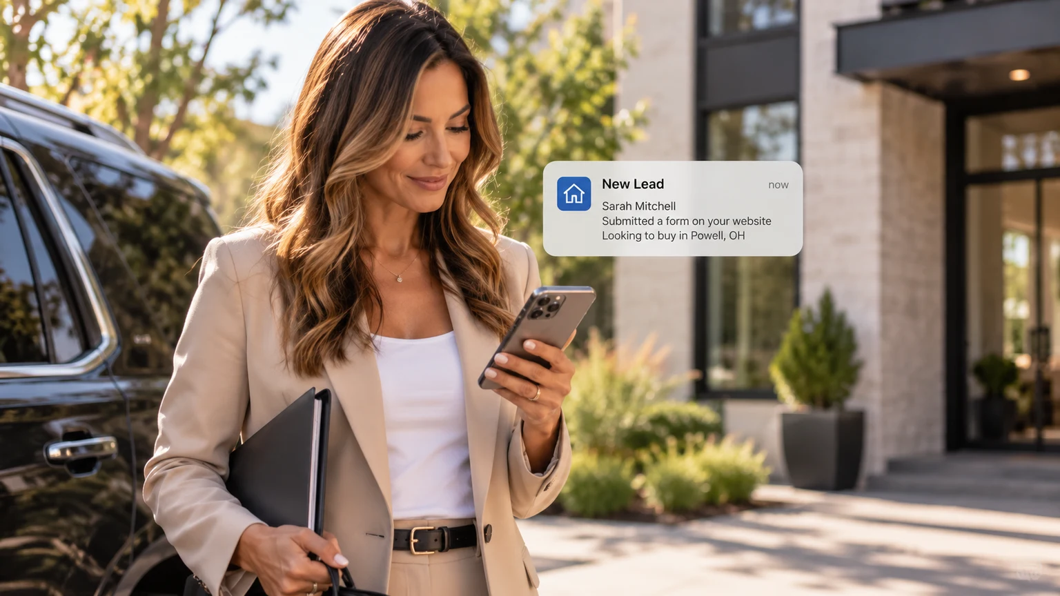 Real estate agent outside a listing, reading a new lead notification on her phone moments after the inquiry came in