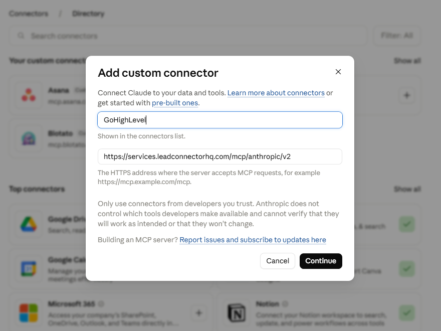 Claude's Add custom connector dialog, named GoHighLevel with the MCP server URL https://services.leadconnectorhq.com/mcp/anthropic/v2 entered