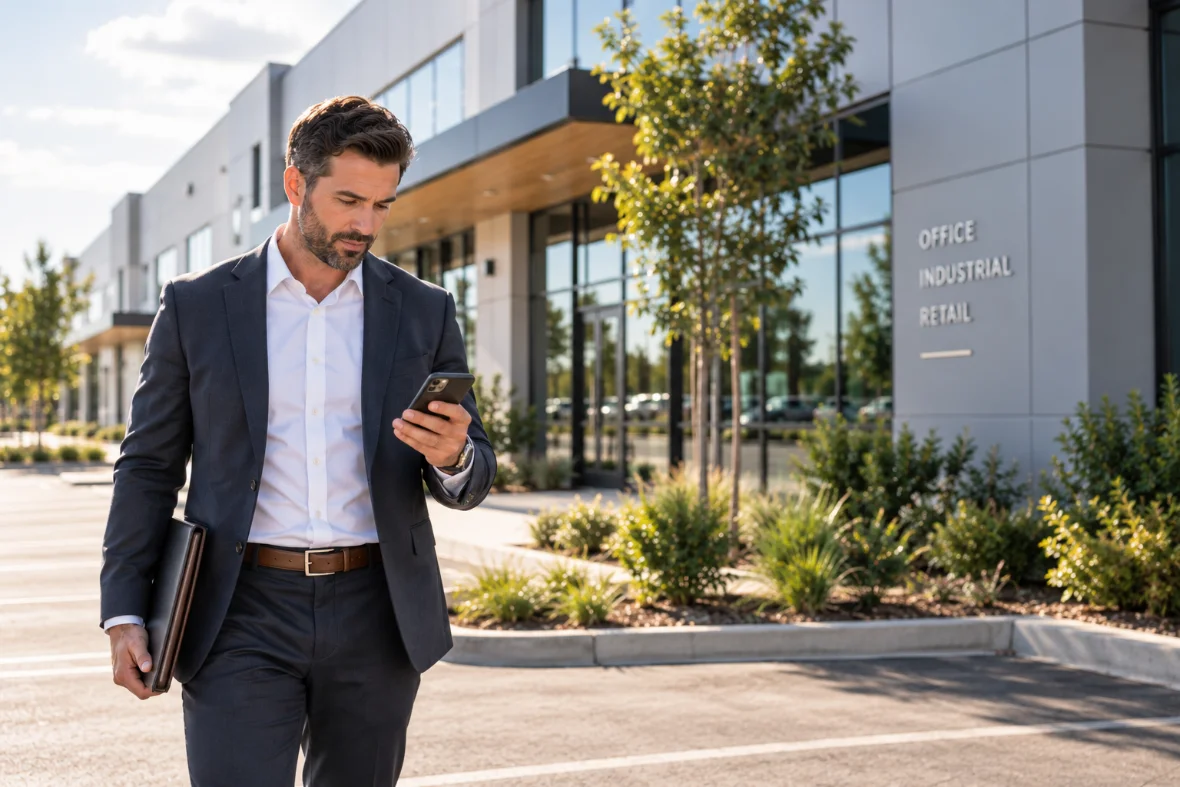 Broker after a site tour, phone in hand